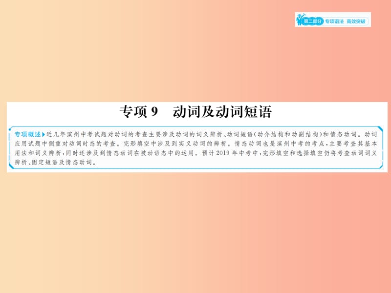 山东省2019年中考英语总复习 第二部分 专项语法 高效突破 专项9 动词及动词短语词课件.ppt_第1页