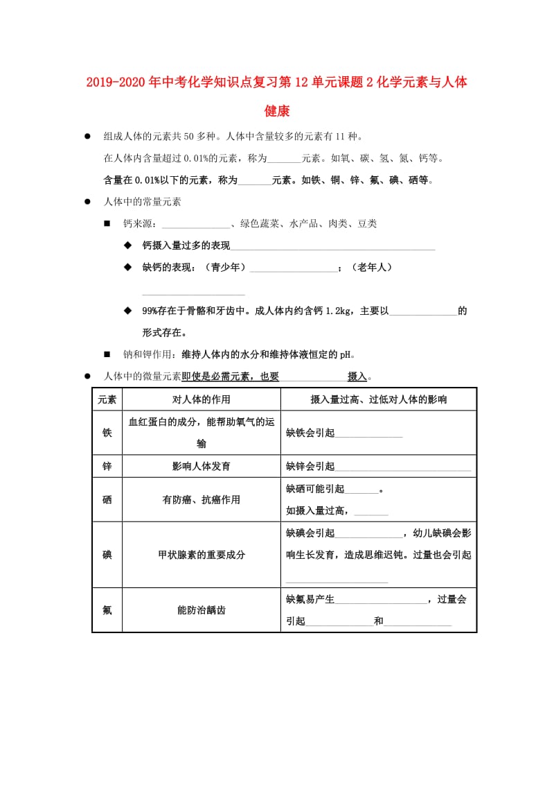 2019-2020年中考化学知识点复习第12单元课题2化学元素与人体健康.doc_第1页