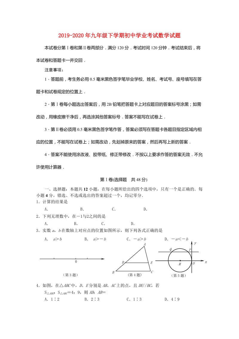 2019-2020年九年级下学期初中学业考试数学试题.doc_第1页