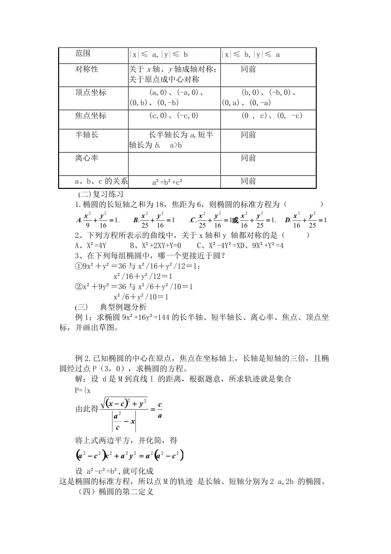 2019-2020年高二数学第八章圆锥曲线方程：8.2椭圆的简单几何性质(二)优秀教案.doc_第2页