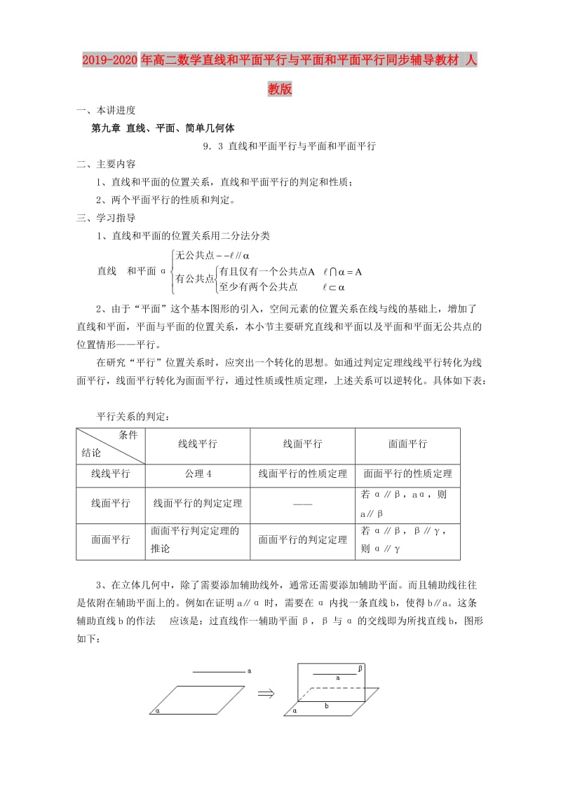 2019-2020年高二数学直线和平面平行与平面和平面平行同步辅导教材 人教版.doc_第1页