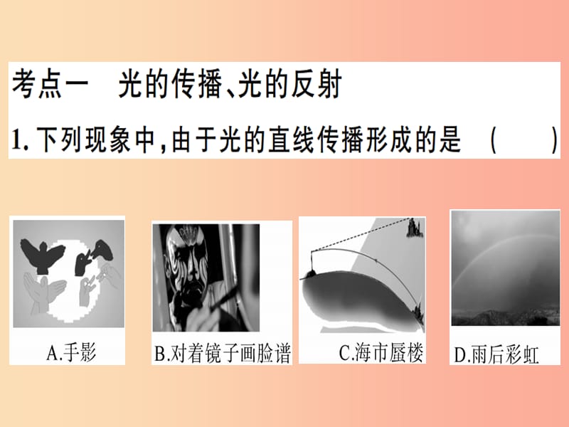 2019春九年级物理全册 复习基础训练 第二单元 光现象 第1讲 光现象习题课件（新版）沪科版.ppt_第1页