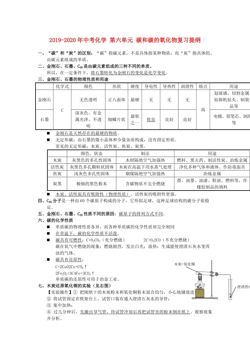 2019-2020年中考化学 第六单元 碳和碳的氧化物复习提纲.doc_第1页