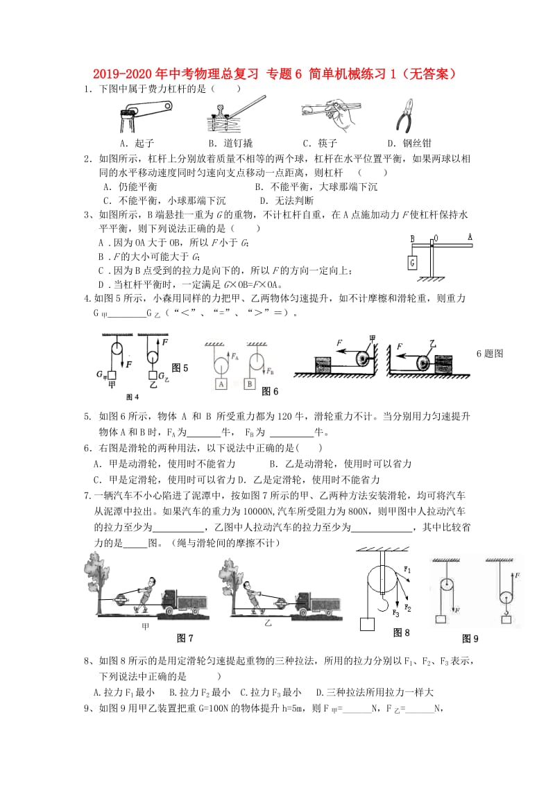 2019-2020年中考物理总复习 专题6 简单机械练习1（无答案）.doc_第1页