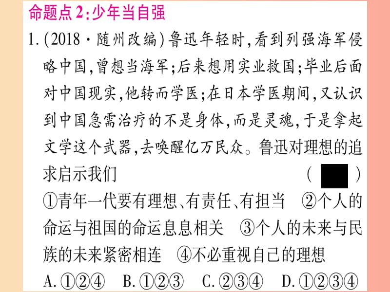 2019年中考道德与法治总复习 第1篇 真题体验 满分演练九下 第3单元 走向未来的少年 第5课 少年的担当课件.ppt_第3页