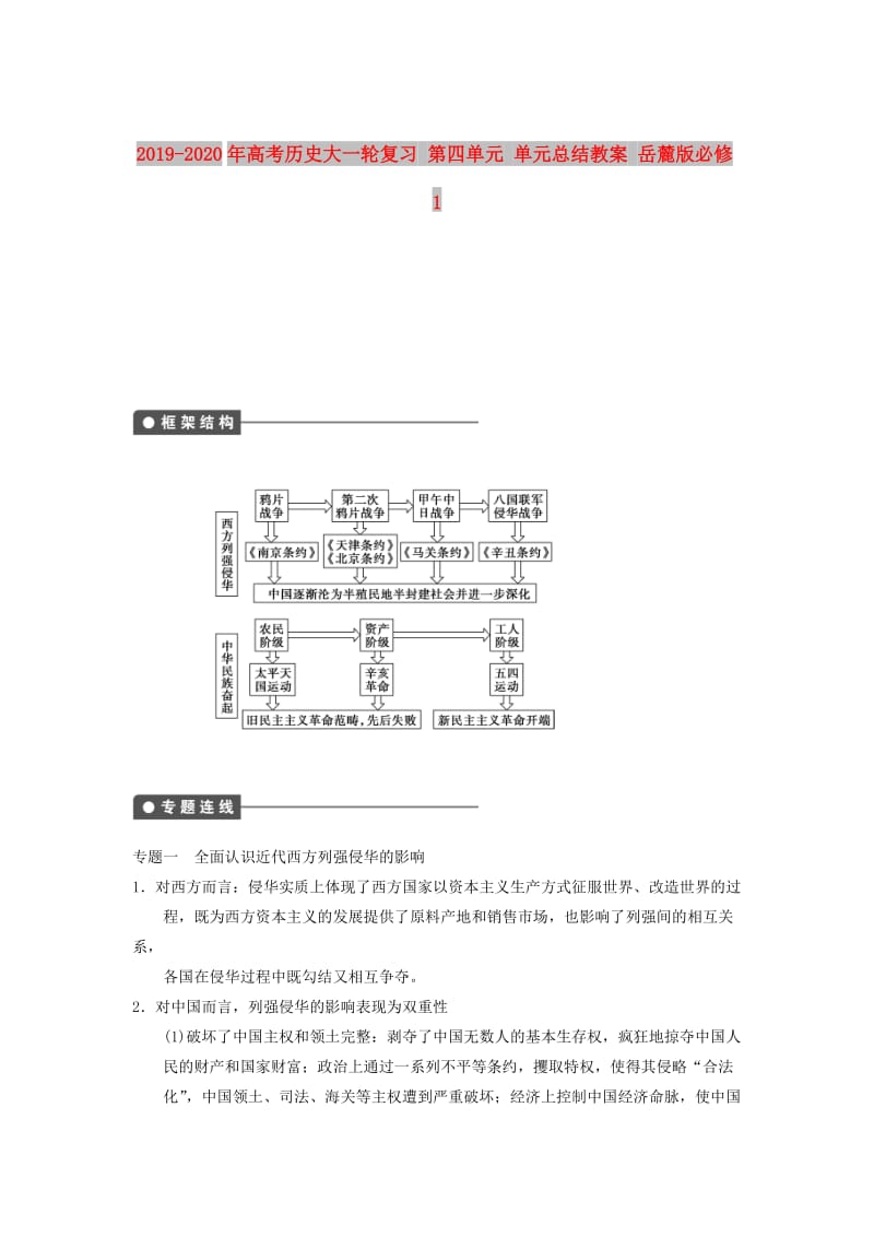 2019-2020年高考历史大一轮复习 第四单元 单元总结教案 岳麓版必修1.doc_第1页