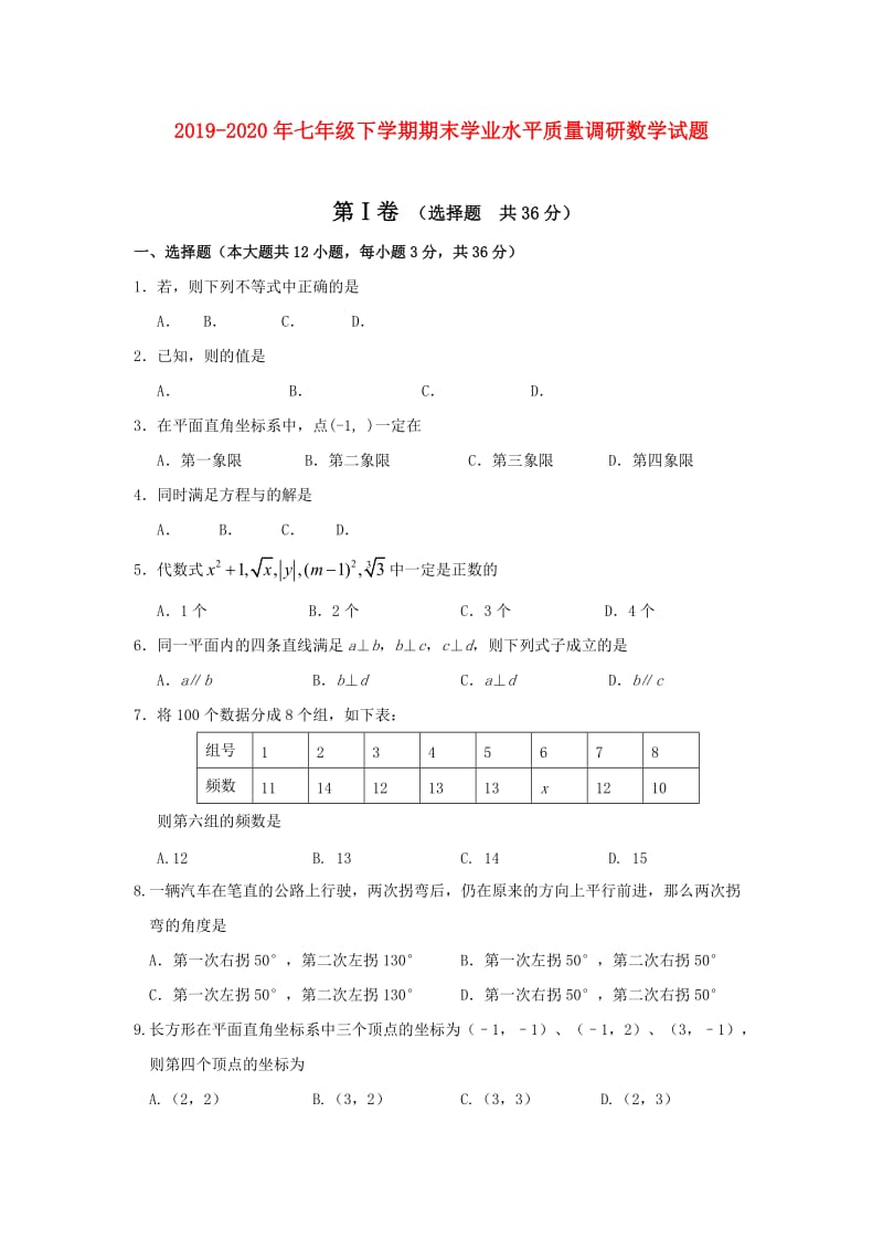 2019-2020年七年级下学期期末学业水平质量调研数学试题.doc_第1页