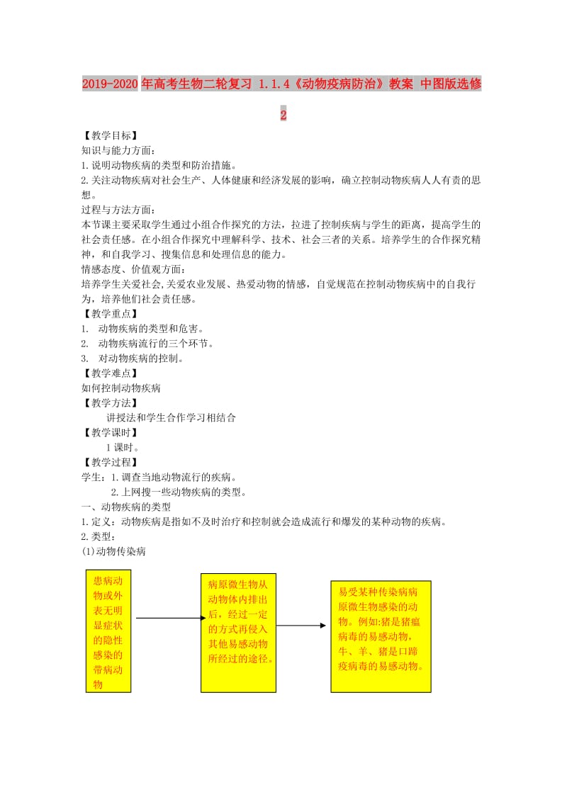 2019-2020年高考生物二轮复习 1.1.4《动物疫病防治》教案 中图版选修2.doc_第1页