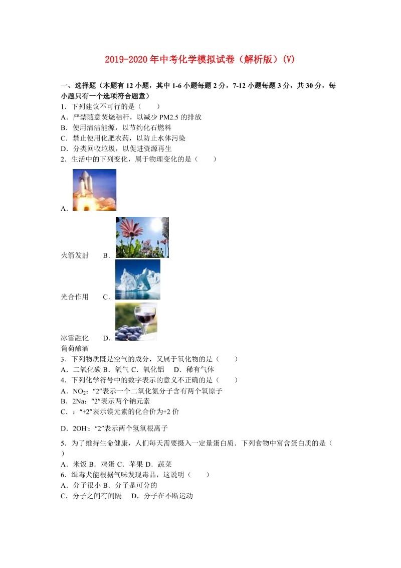 2019-2020年中考化学模拟试卷（解析版）(V).doc_第1页