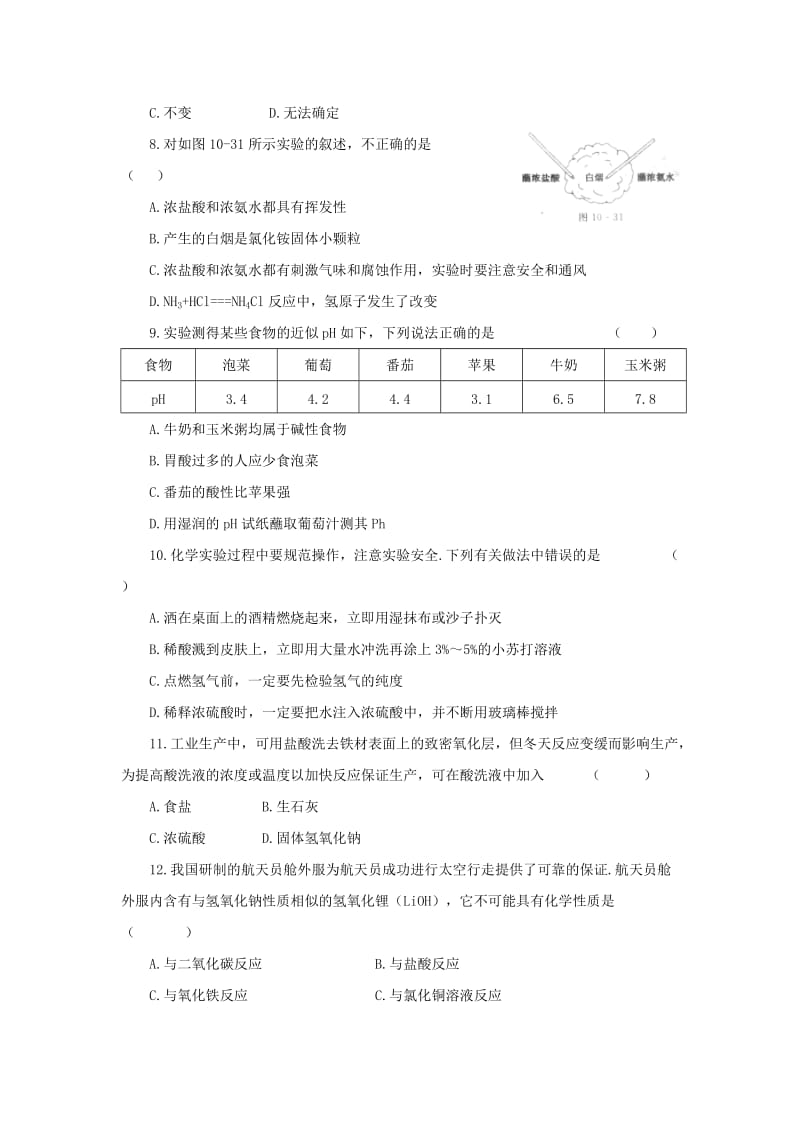 2019-2020年九年级下册：第10单元 酸和碱.doc_第2页