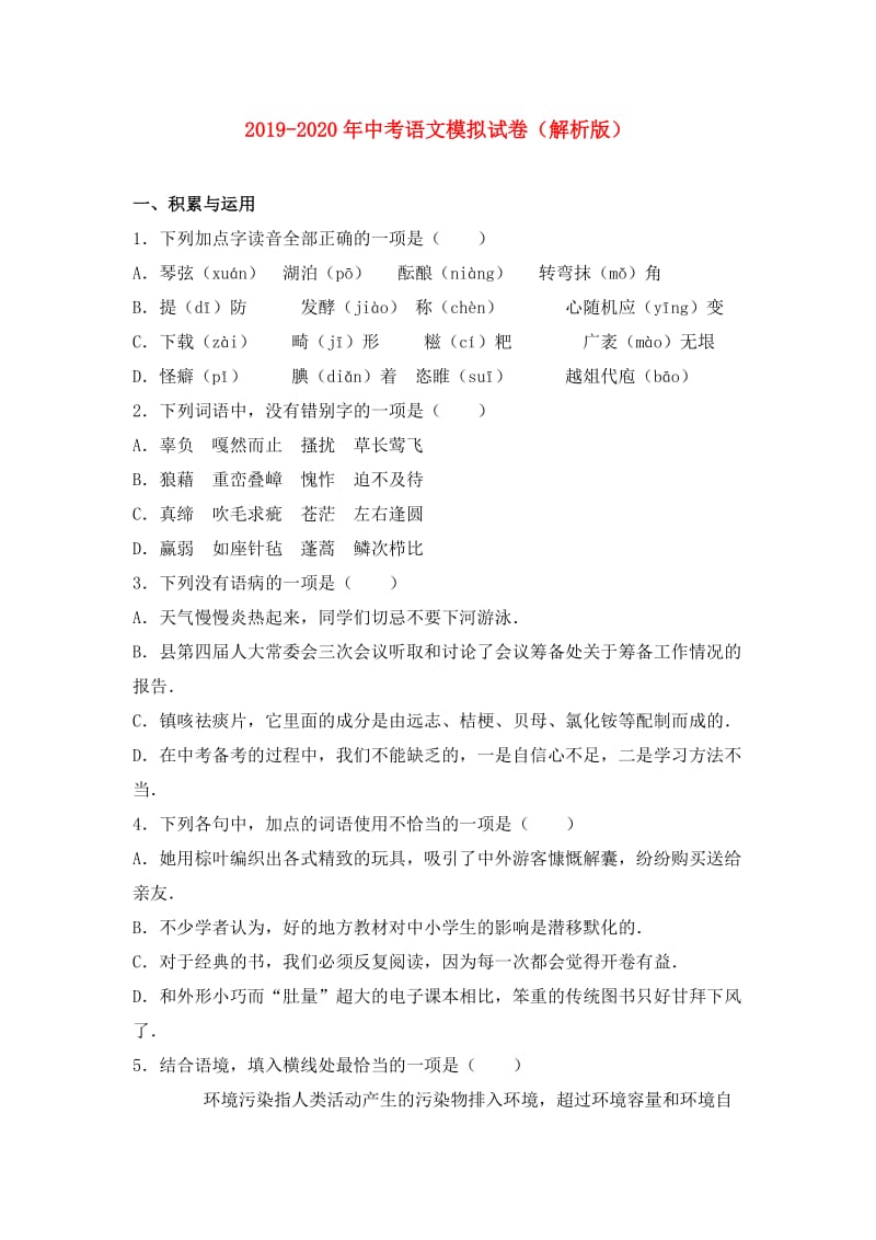 2019-2020年中考语文模拟试卷（解析版）.doc_第1页