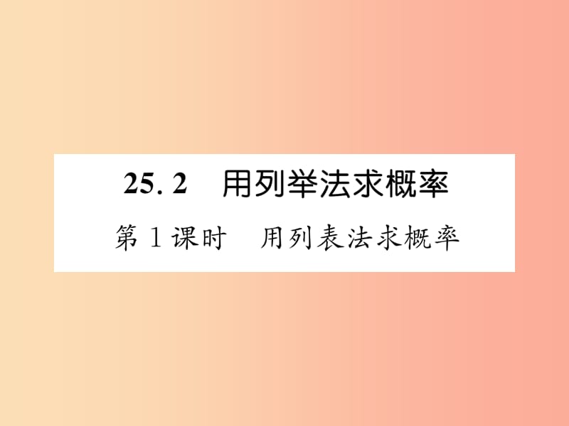 九年级数学上册 第25章 概率初步 25.2 用列举法求概率 第1课时 用列表法求概率习题课件 新人教版.ppt_第1页