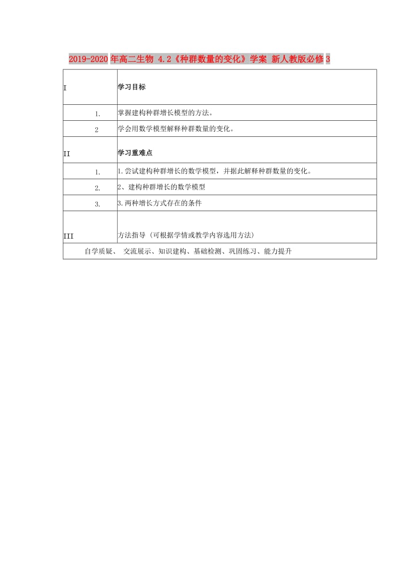 2019-2020年高二生物 4.2《种群数量的变化》学案 新人教版必修3.doc_第1页