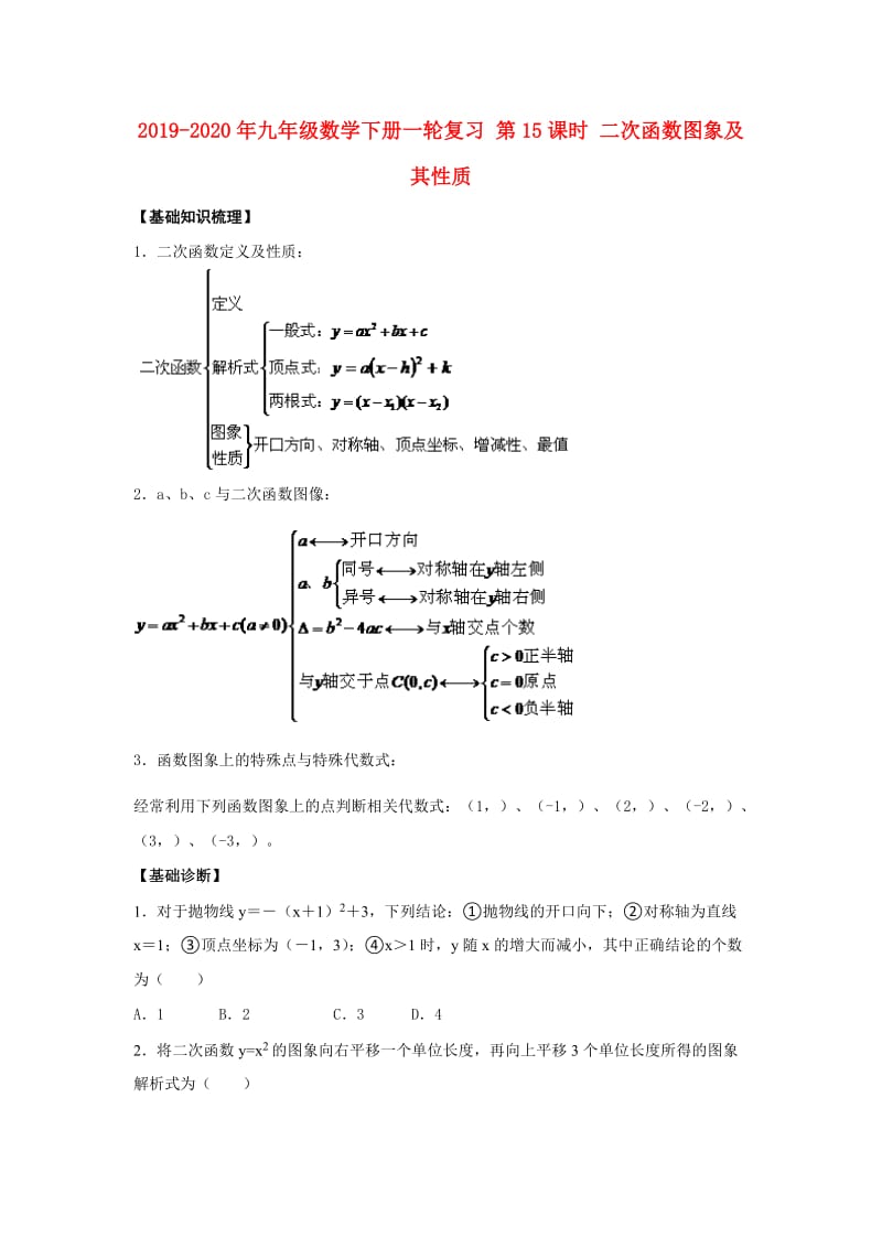 2019-2020年九年级数学下册一轮复习 第15课时 二次函数图象及其性质.doc_第1页