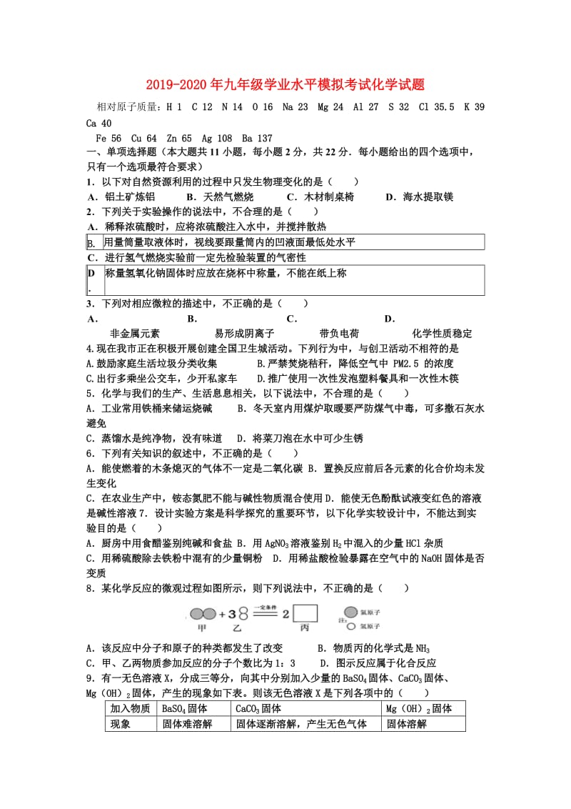 2019-2020年九年级学业水平模拟考试化学试题.doc_第1页