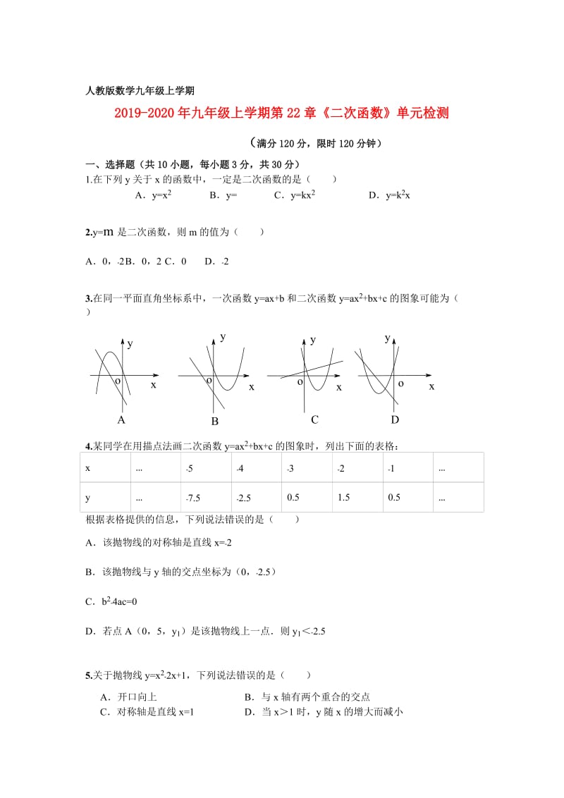 2019-2020年九年级上学期第22章《二次函数》单元检测.doc_第1页