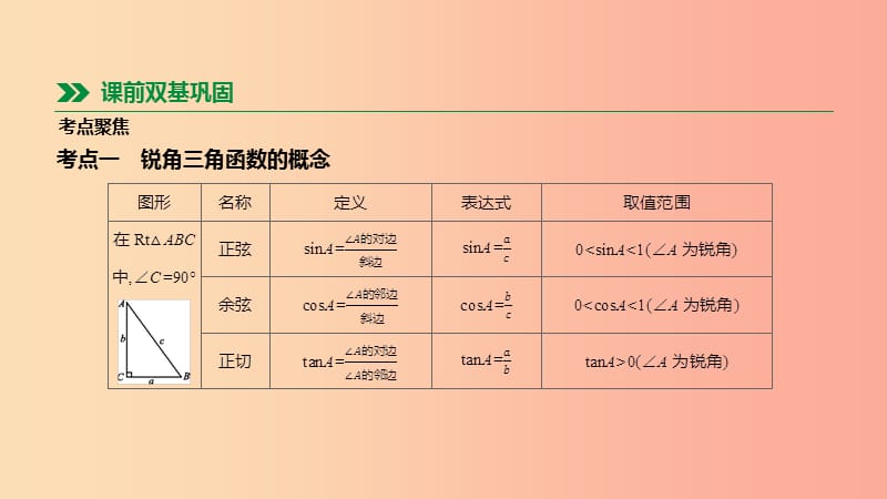 2019年中考数学总复习 第四单元 图形的初步认识与三角形 第22课时 锐角三角函数及其应用课件 湘教版.ppt_第2页