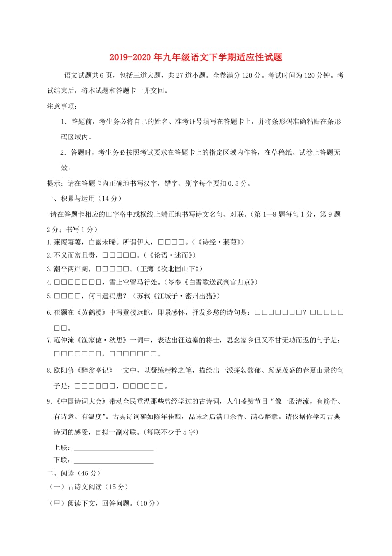 2019-2020年九年级语文下学期适应性试题.doc_第1页