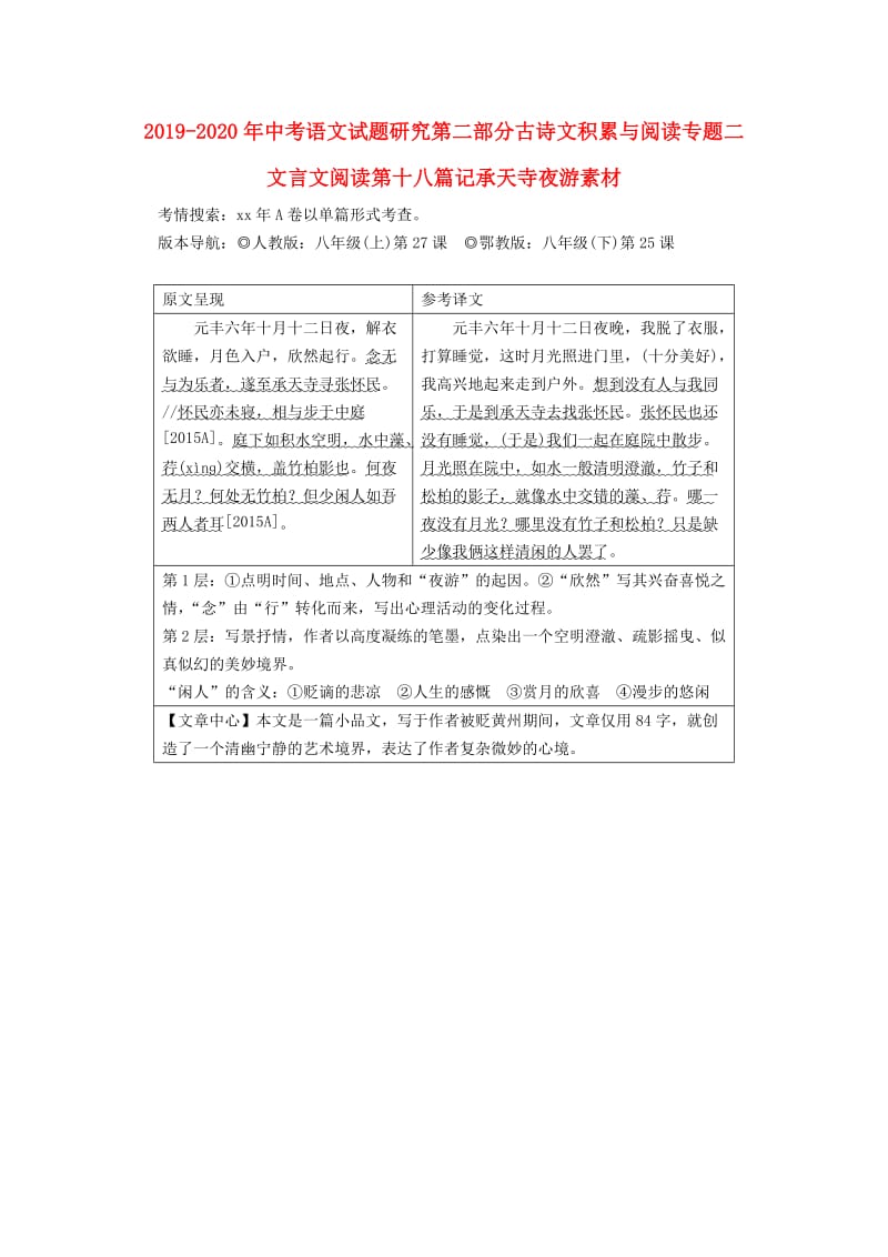 2019-2020年中考语文试题研究第二部分古诗文积累与阅读专题二文言文阅读第十八篇记承天寺夜游素材.doc_第1页