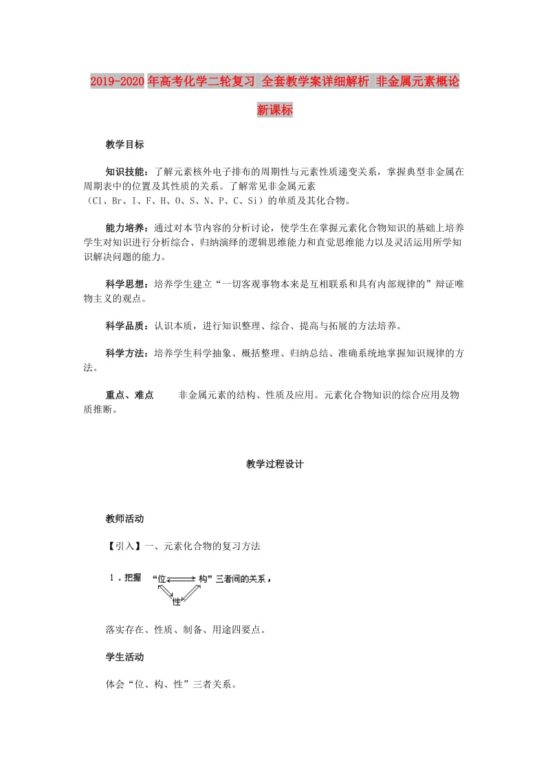 2019-2020年高考化学二轮复习 全套教学案详细解析 非金属元素概论 新课标.doc_第1页