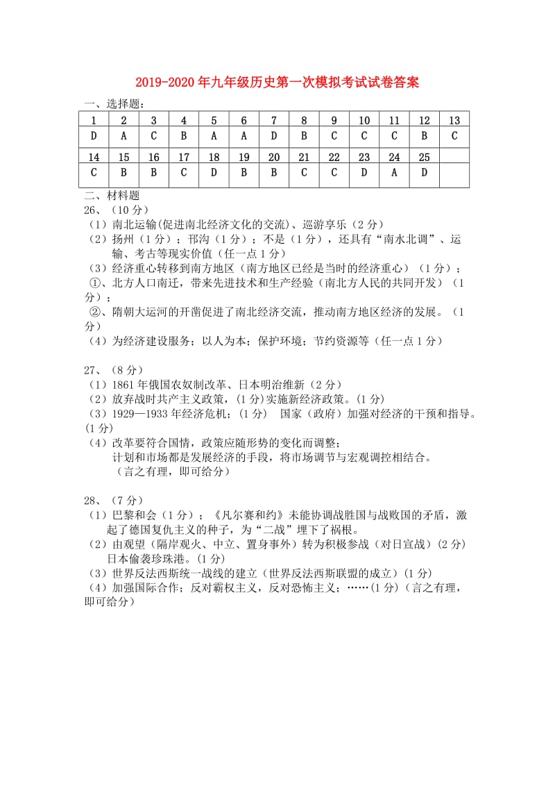 2019-2020年九年级历史第一次模拟考试试卷答案.doc_第1页