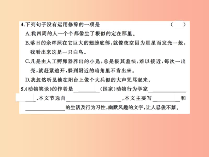 2019年秋七年级语文上册 第五单元 17动物笑谈习题课件 新人教版.ppt_第3页