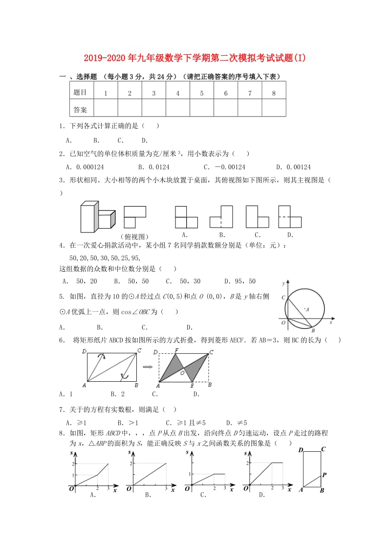 2019-2020年九年级数学下学期第二次模拟考试试题(I).doc_第1页