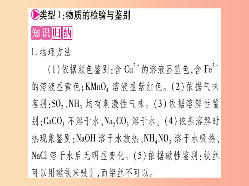 2019年秋九年级化学全册第11单元化学与社会发展小专题七物质的鉴别与推断习题课件新版鲁教版.ppt_第2页