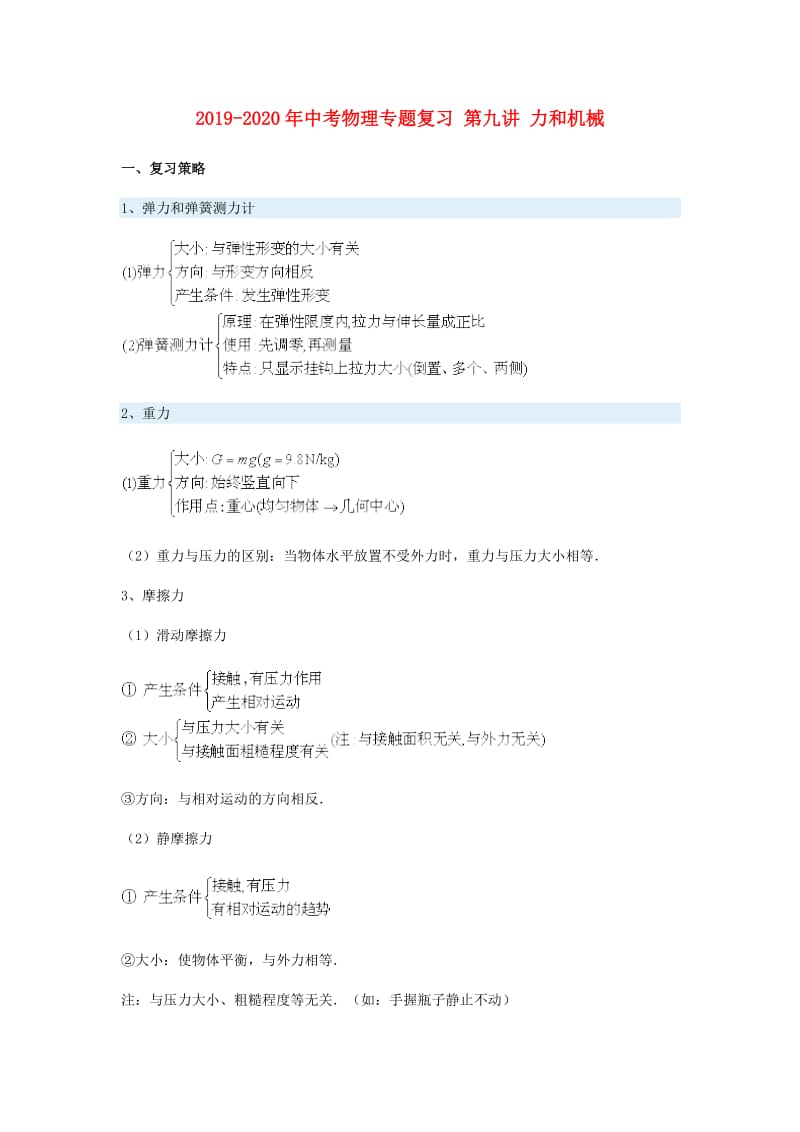 2019-2020年中考物理专题复习 第九讲 力和机械.doc_第1页