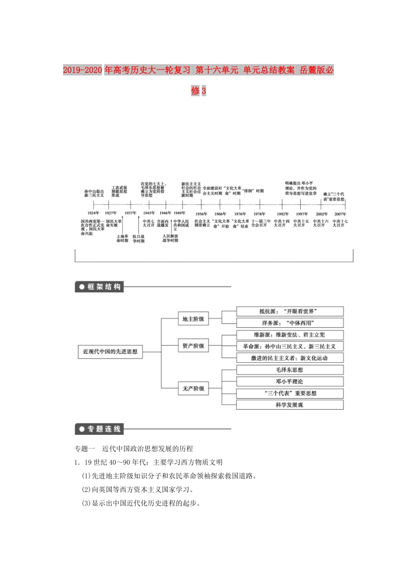 2019-2020年高考历史大一轮复习 第十六单元 单元总结教案 岳麓版必修3.doc_第1页