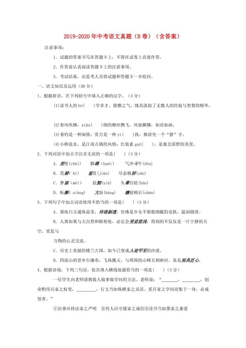 2019-2020年中考语文真题（B卷）（含答案）.doc_第1页