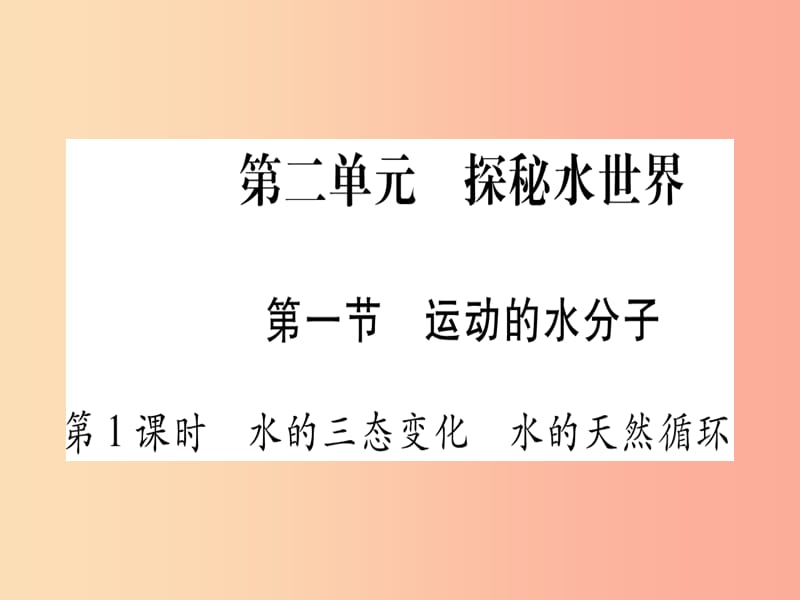 九年级化学全册 第2单元 探秘水世界 第1节 运动的水分子 第1课时 水的三态变化 水的天然循环习题 鲁教版.ppt_第1页