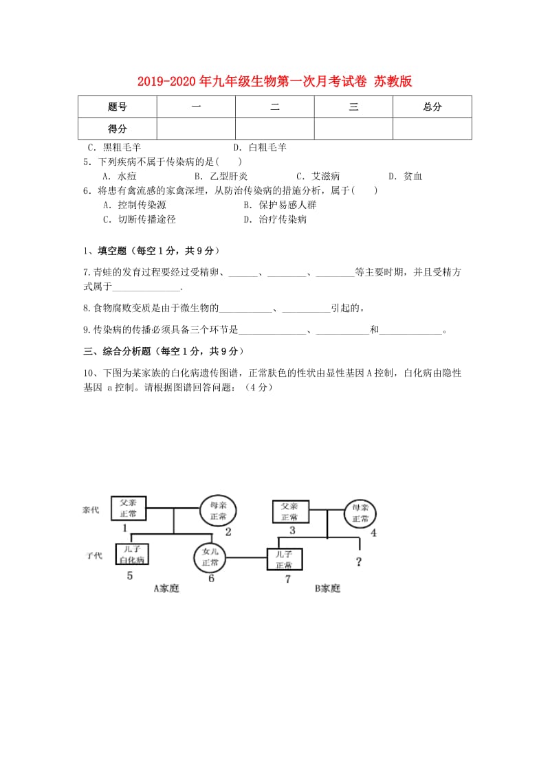 2019-2020年九年级生物第一次月考试卷 苏教版.doc_第1页