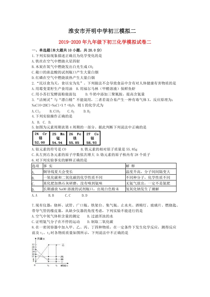 2019-2020年九年级下初三化学模拟试卷二.doc_第1页