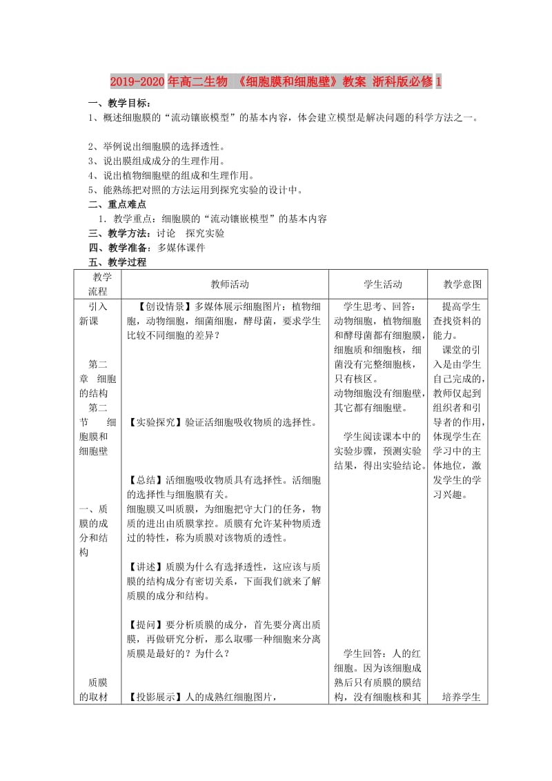 2019-2020年高二生物 《细胞膜和细胞壁》教案 浙科版必修1.doc_第1页