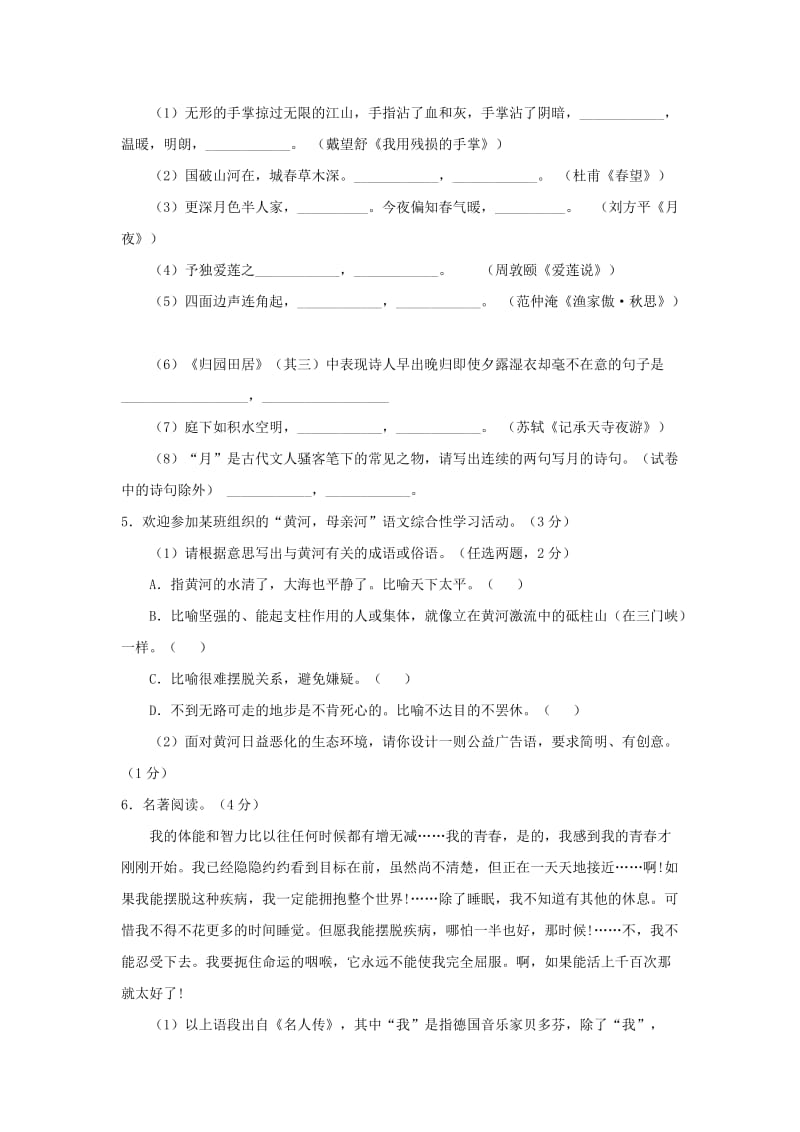 2019-2020年九年级学业考试预测语文试题（四）.doc_第2页