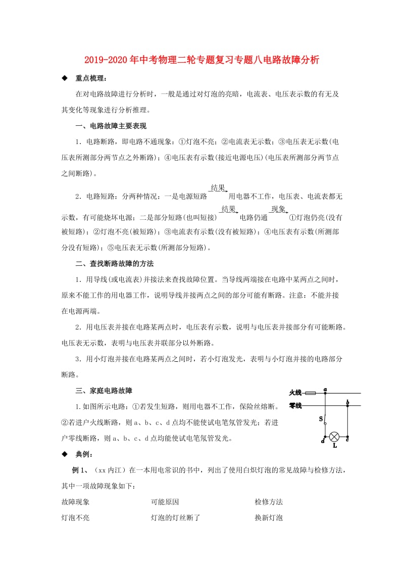 2019-2020年中考物理二轮专题复习专题八电路故障分析.doc_第1页