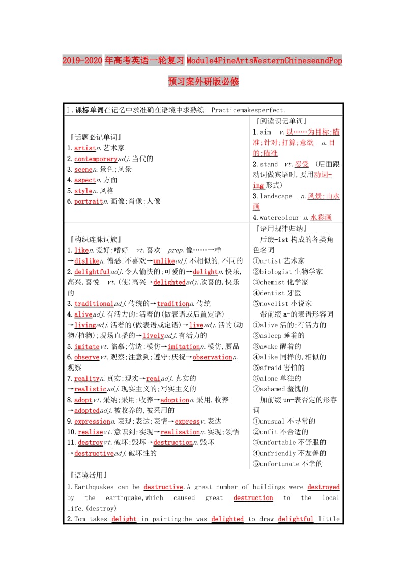 2019-2020年高考英语一轮复习Module4FineArtsWesternChineseandPop预习案外研版必修.doc_第1页