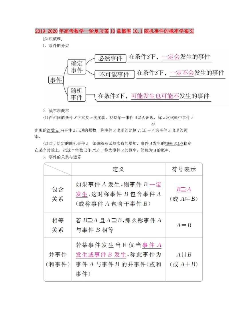 2019-2020年高考数学一轮复习第10章概率10.1随机事件的概率学案文.doc_第1页