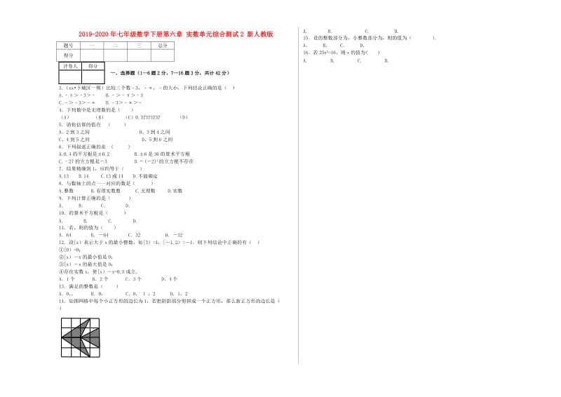 2019-2020年七年级数学下册第六章 实数单元综合测试2 新人教版.doc_第1页