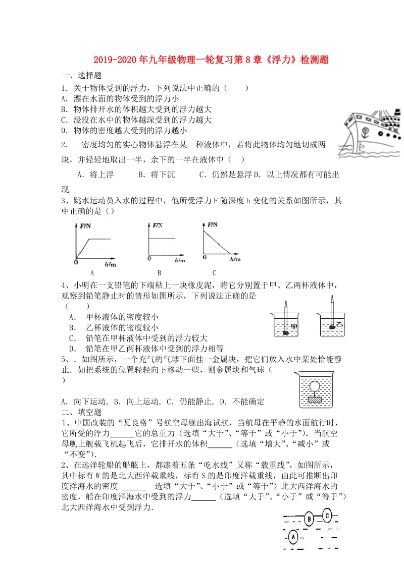 2019-2020年九年级物理一轮复习第8章《浮力》检测题.doc_第1页