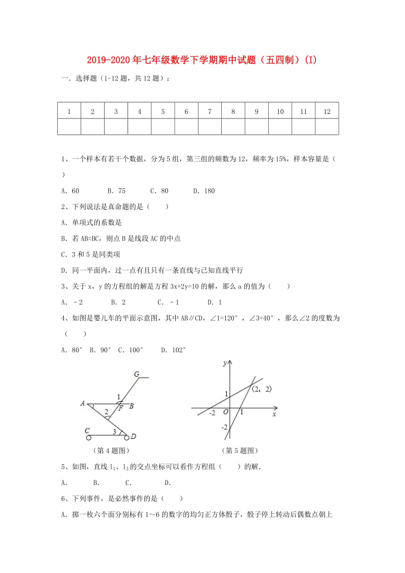 2019-2020年七年级数学下学期期中试题（五四制）(I).doc_第1页