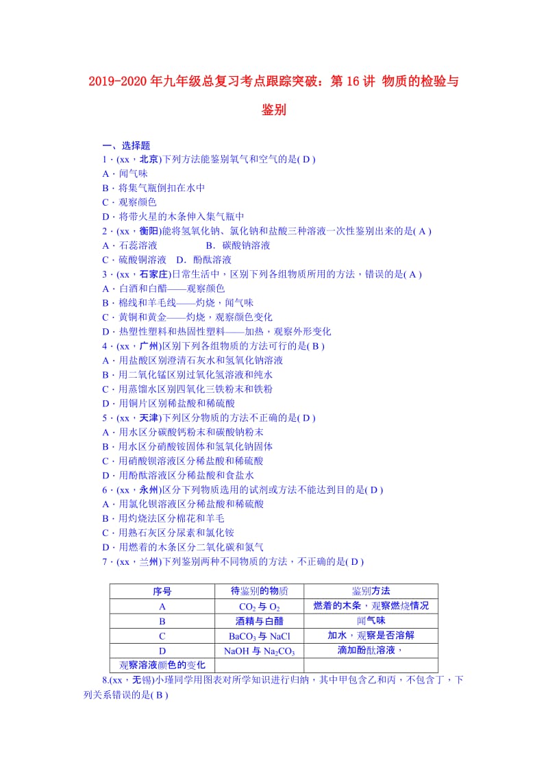 2019-2020年九年级总复习考点跟踪突破：第16讲 物质的检验与鉴别.doc_第1页