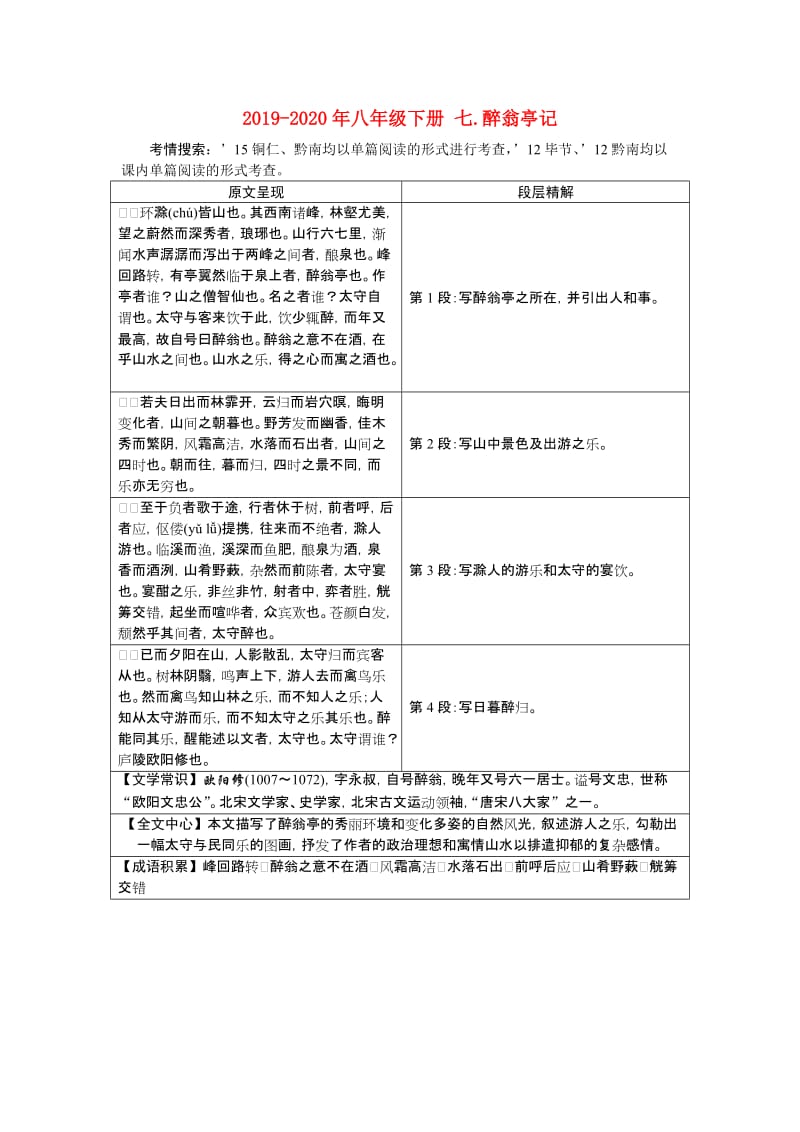 2019-2020年八年级下册 七.醉翁亭记.doc_第1页