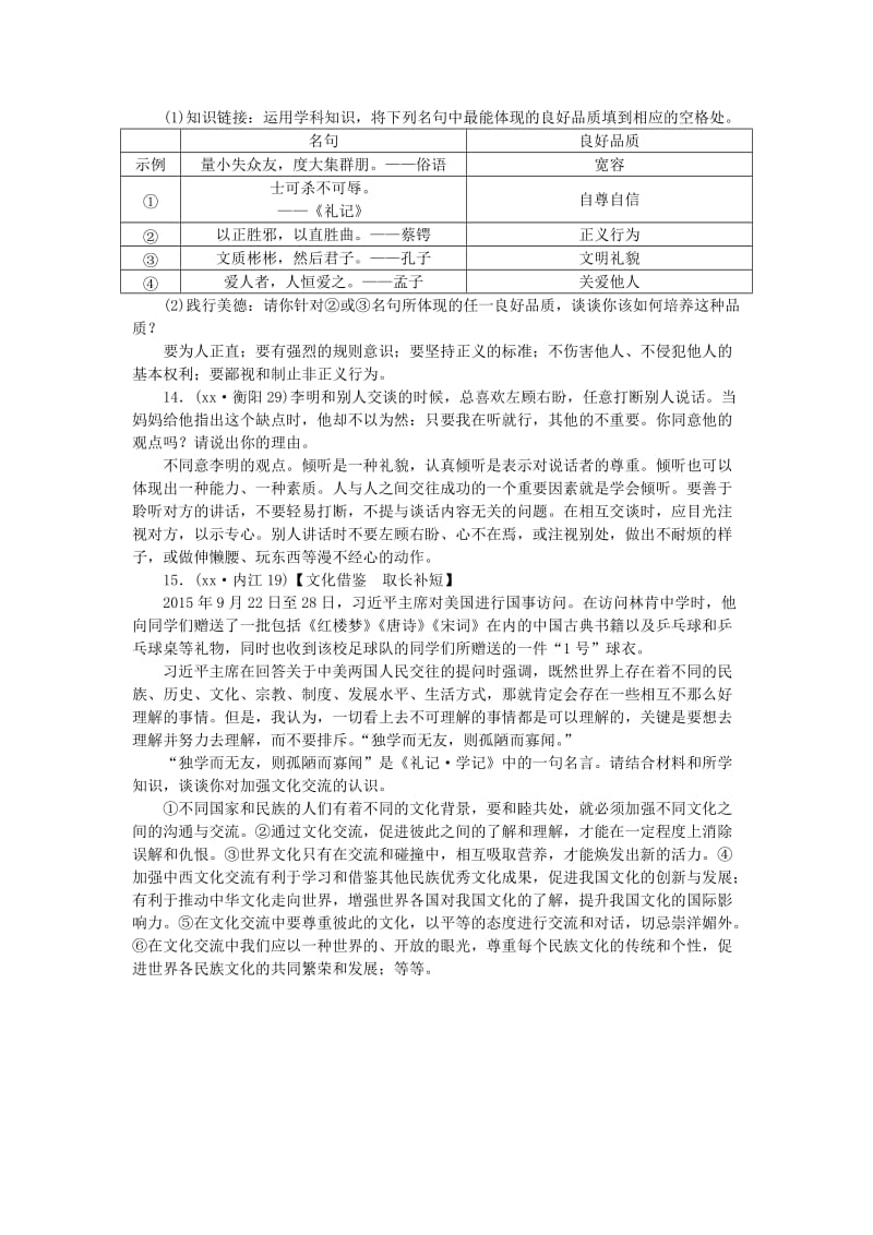 2019-2020年中考政治教材知识复习主题一心理与品德考点12文明礼貌与文化交往精练.doc_第3页