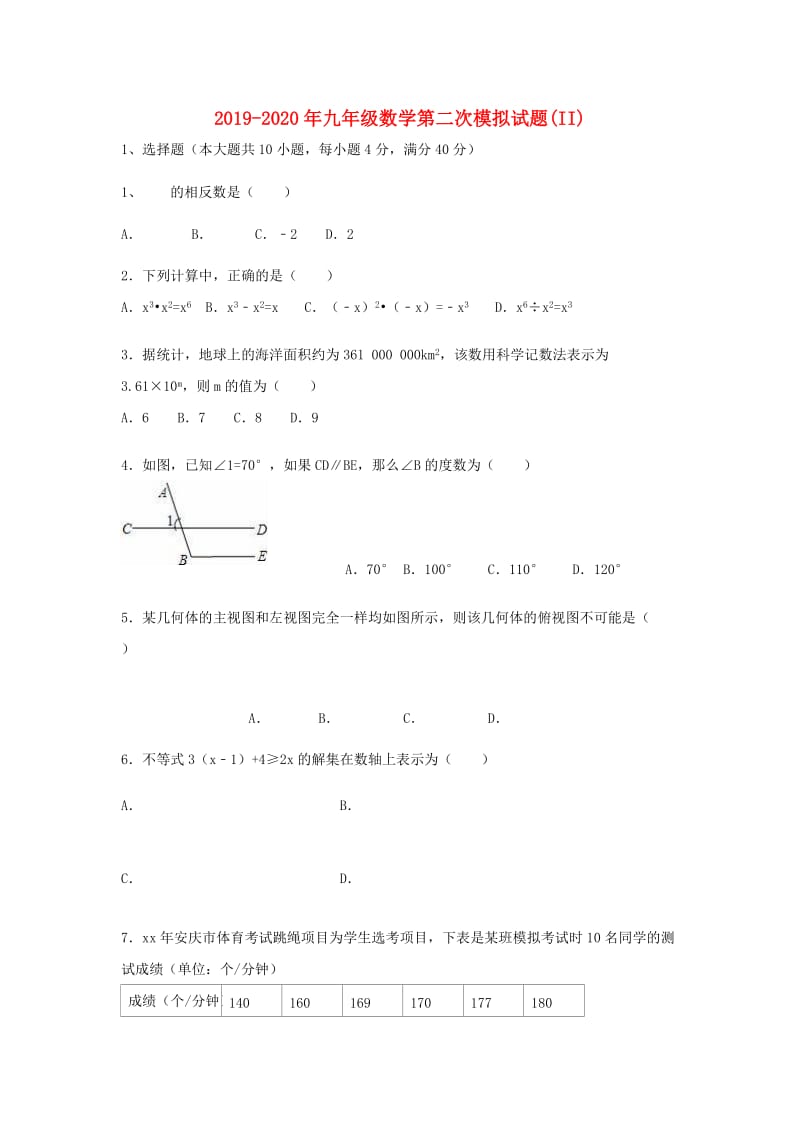 2019-2020年九年级数学第二次模拟试题(II).doc_第1页