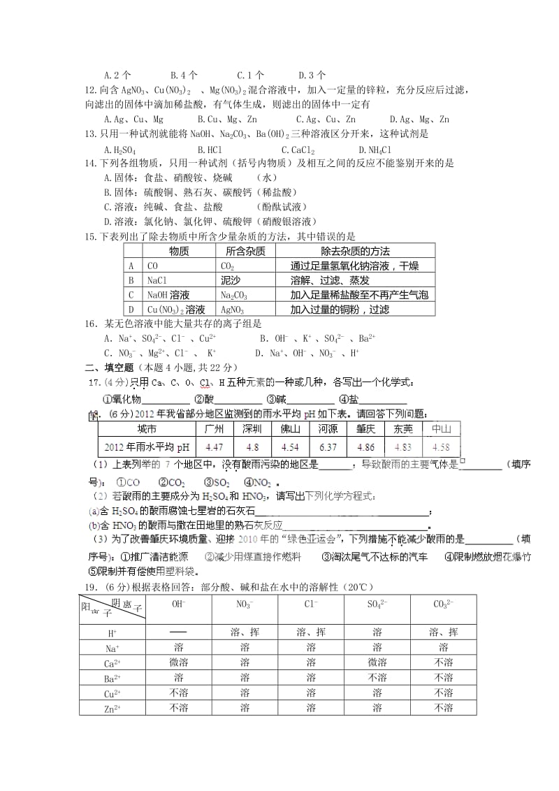 2019-2020年九年级下册：第11单元 盐、化肥 单元测试题及答案.doc_第2页