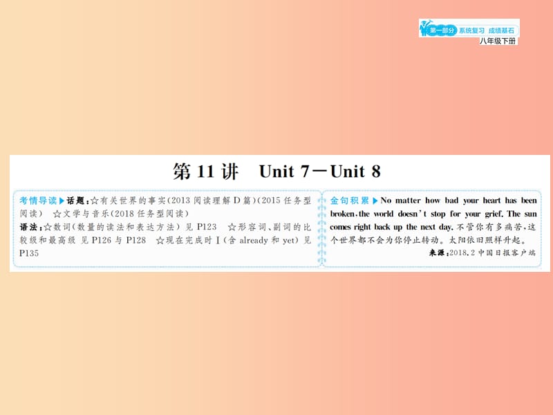 山东省2019年中考英语总复习 第一部分 系统复习 成绩基石 八下 第11讲 Unit 7-8课件.ppt_第1页