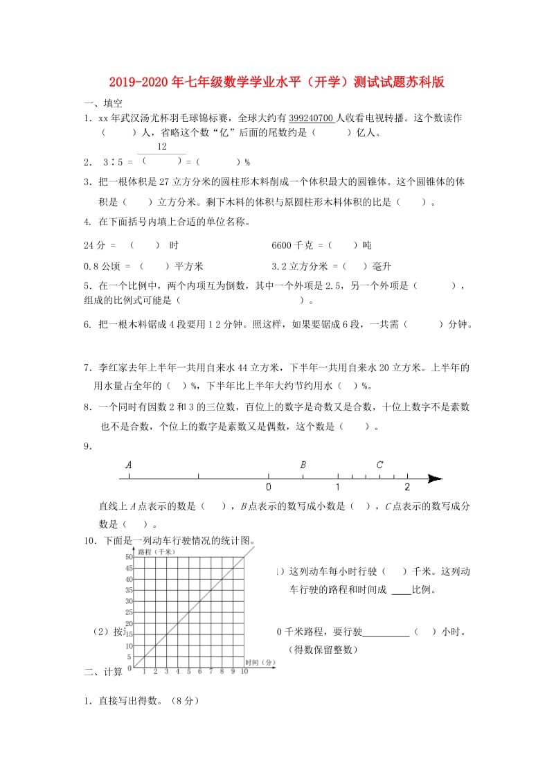 2019-2020年七年级数学学业水平（开学）测试试题苏科版.doc_第1页