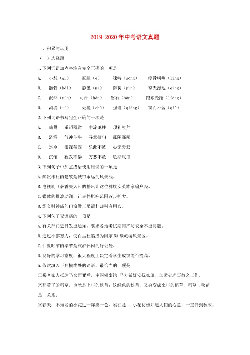 2019-2020年中考语文真题.doc_第1页